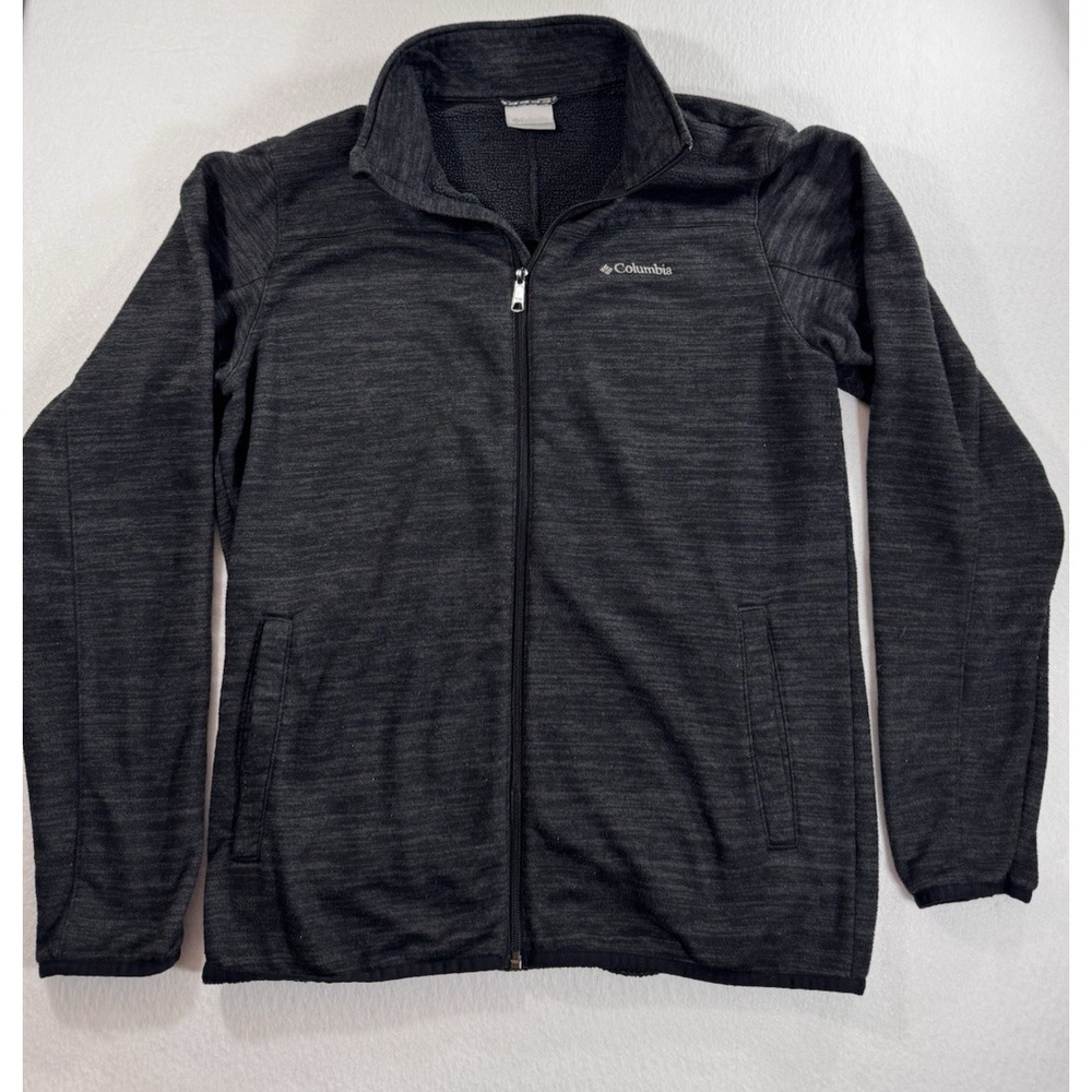 Columbia Mens Fleece Jacket Full Zip Medium Heathered Black Embroidered Logo EUC